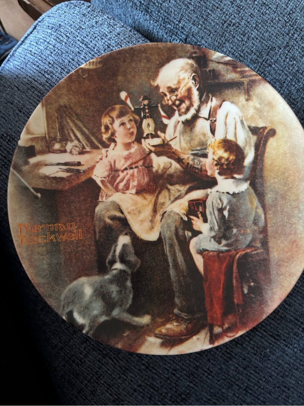 Knowles Decorative Plate in Pink, Brown and Cream with Rockwell Scene